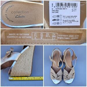 Wide Width Sandals Clarks Margee Beth Size 10W Espadrille Wedge Gold Tan Leather